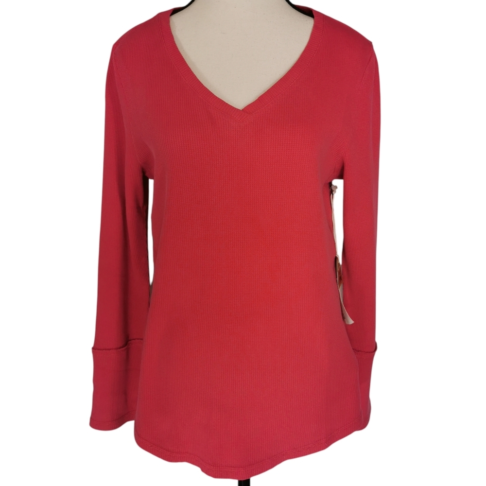 Escape by Habitat Cherry Waffle Knit Hi-Lo V-Neck Thermal Top NWT Sz S